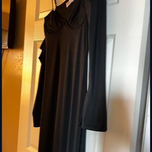 long sleeve off the shoulder maxi dress in black oh polly